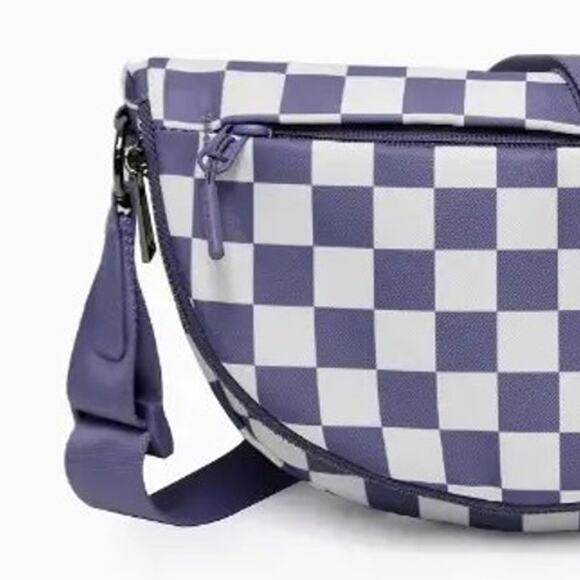 Checkered Nylon Fanny Pack Sling Bags Purple White - Picture 3 of 3